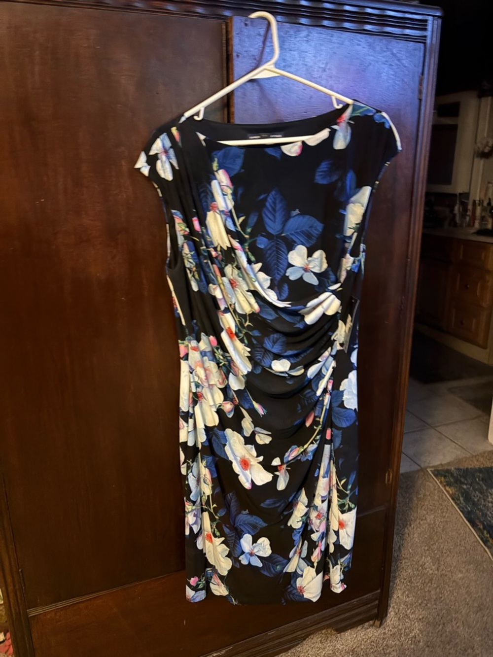 New Floral Draped Black & Blue Sheath Dress American living